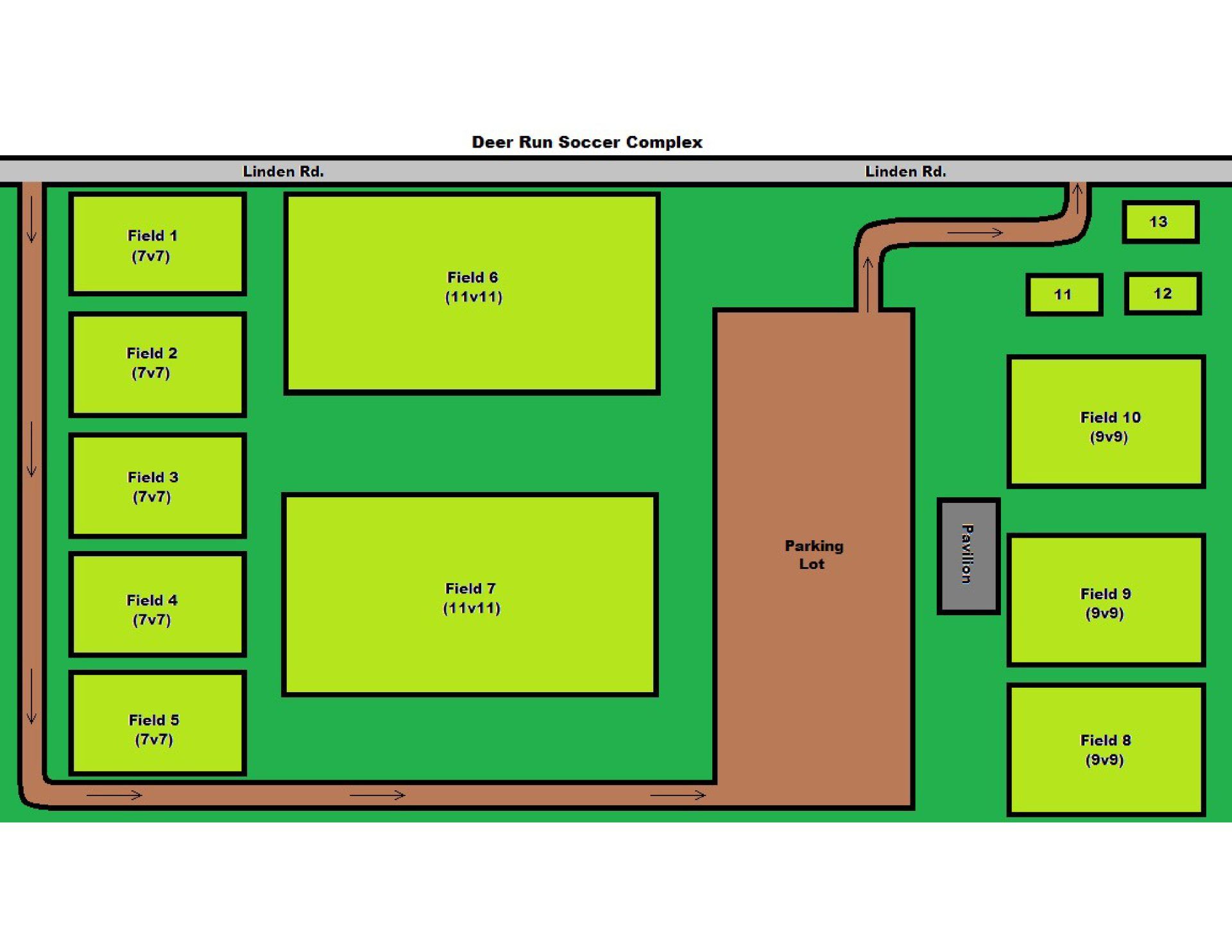 Map of the Deer Run Soccer Complex, showing field layout, parking lot, and access road from Lewis Road.