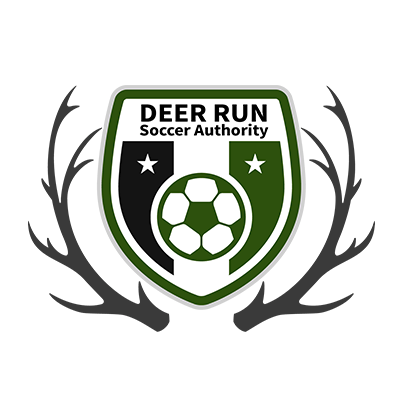 Logo for Deer Run Soccer Authority featuring a soccer ball inside a green and black shield flanked by deer antlers.