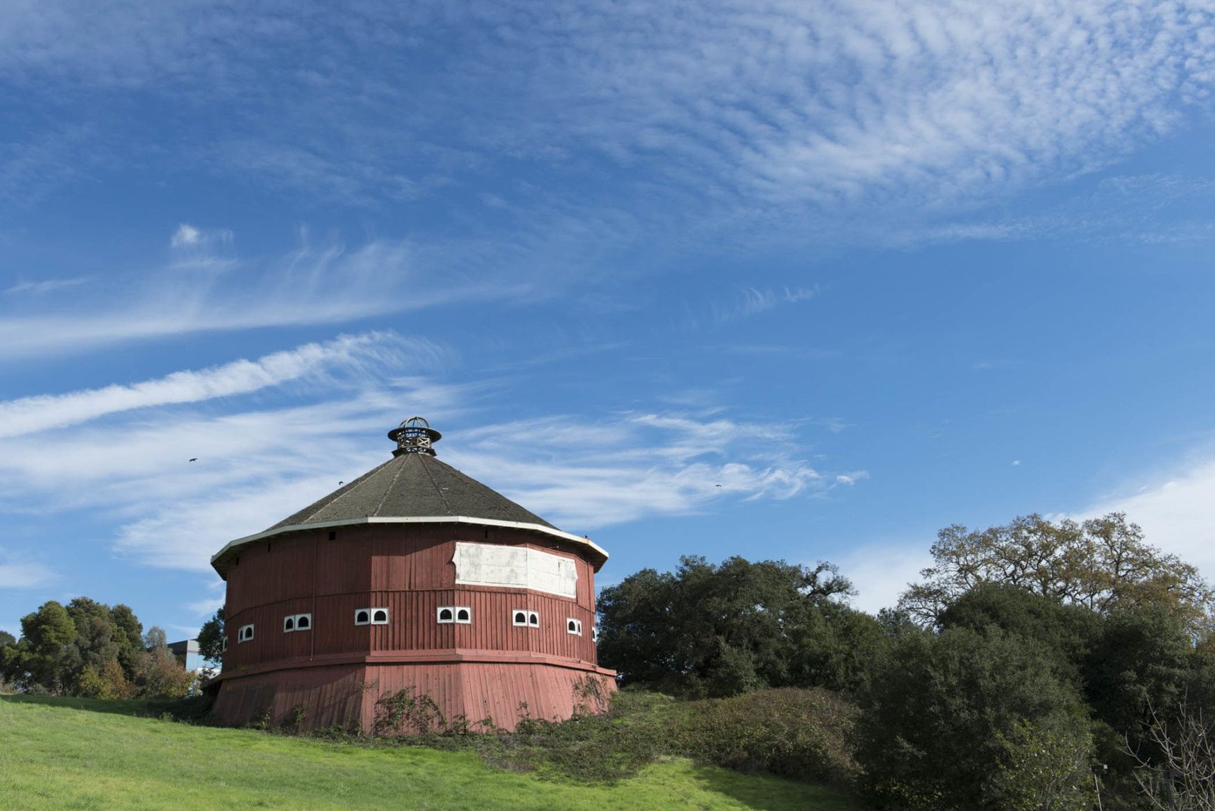Historical red round barn at Fountaingrove Santa Rosa, California
