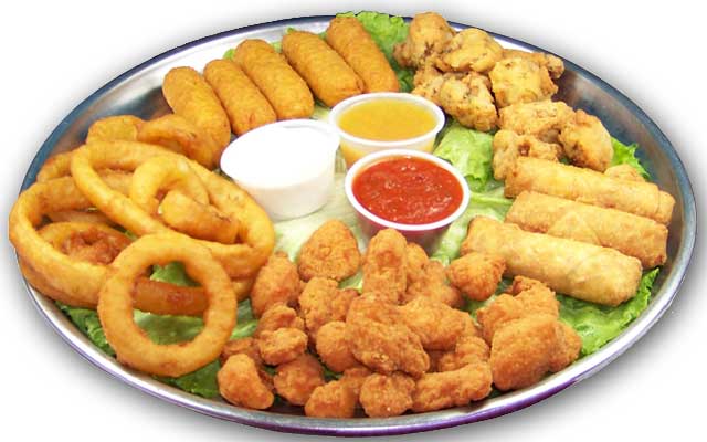 A tray of fried food including onion rings and chicken nuggets