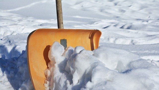 Snow shovel with orange blade in a pile of fresh, white snow.