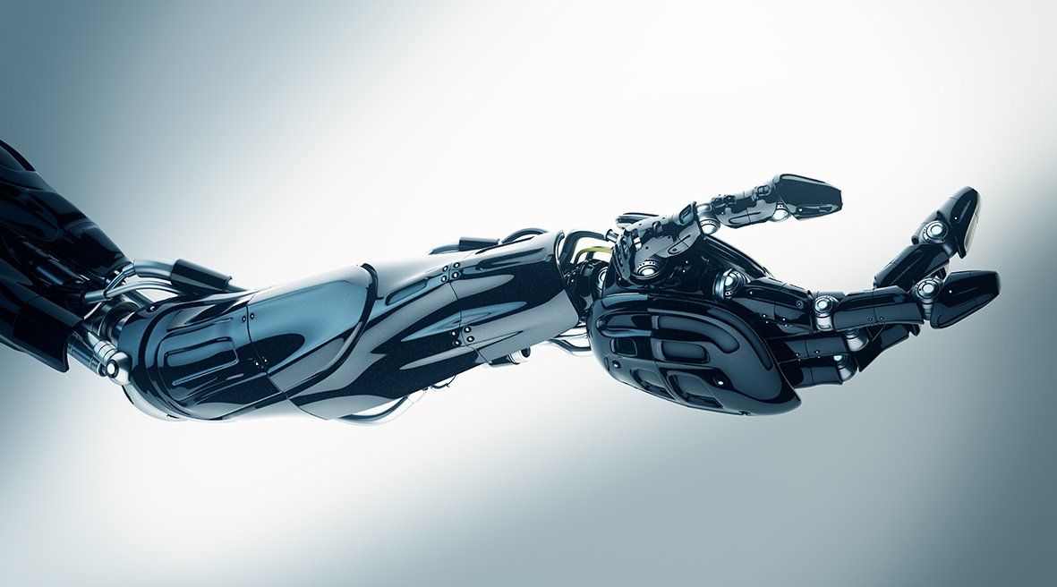 A close up of a robotic arm on a white background.
