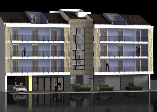 Rappresentazione grafica di un edificio residenziale a più piani con balconi, finiture in legno e un parcheggio multipiano a livello strada.