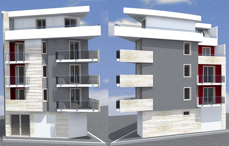 Due viste laterali di un moderno edificio a più piani caratterizzato da pareti grigie, inserti in pietra chiara, dettagli rossi e balconi.