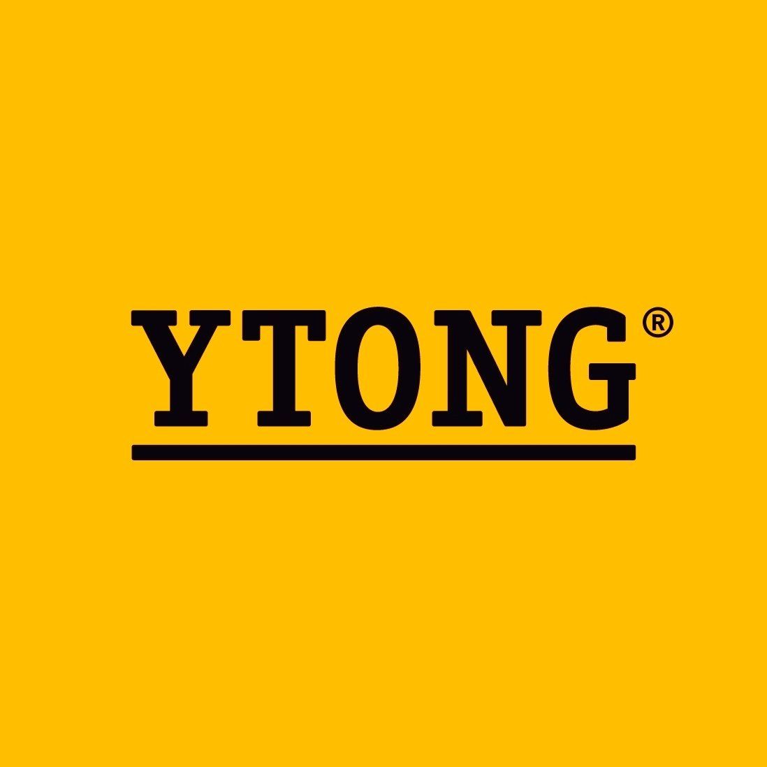 Il logo nero del marchio YTONG con una linea orizzontale sottostante, centrato su uno sfondo quadrato giallo a tinta unita.