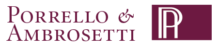Logo per Porrello & Ambrosetti, con una scatola color bordeaux contenente una