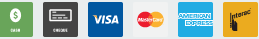 Payment options: Cash, credit card, Visa, Mastercard, American Express, and Interac.