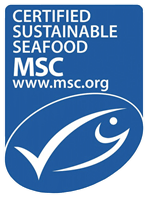 Blaues MSC-Logo: „Zertifiziert nachhaltige Meeresfrüchte“ mit einem Häkchen-Fisch-Symbol und Website-Adresse.