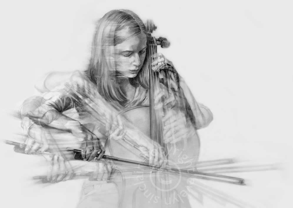 A fine art print of a beautiful young woman playing a cello by artist Evelyn Sinclair, based in Kendal, Cumbria  in the Lake District.