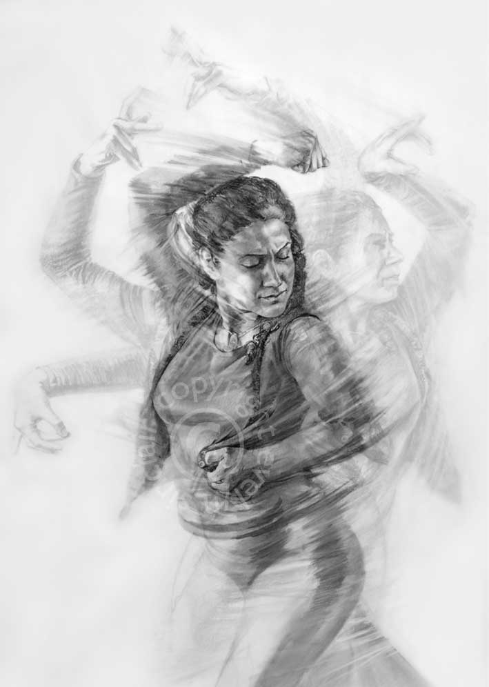 A charcoal drawing of a beautful young flamenco dancer by artist Evelyn Sinclair, based in Kendal, Cumbria in the Lake District.