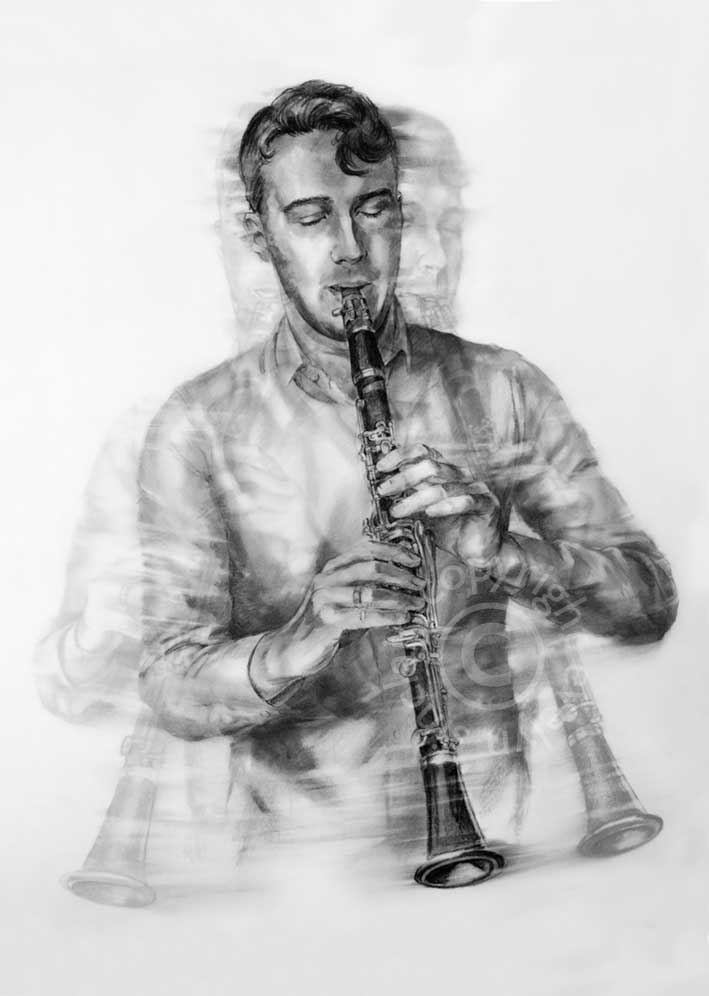 A charcoal drawing of a handsome young man playing a clarinet by artist Evelyn Sinclair, based in Kendal, Cumbria in the Lake District.