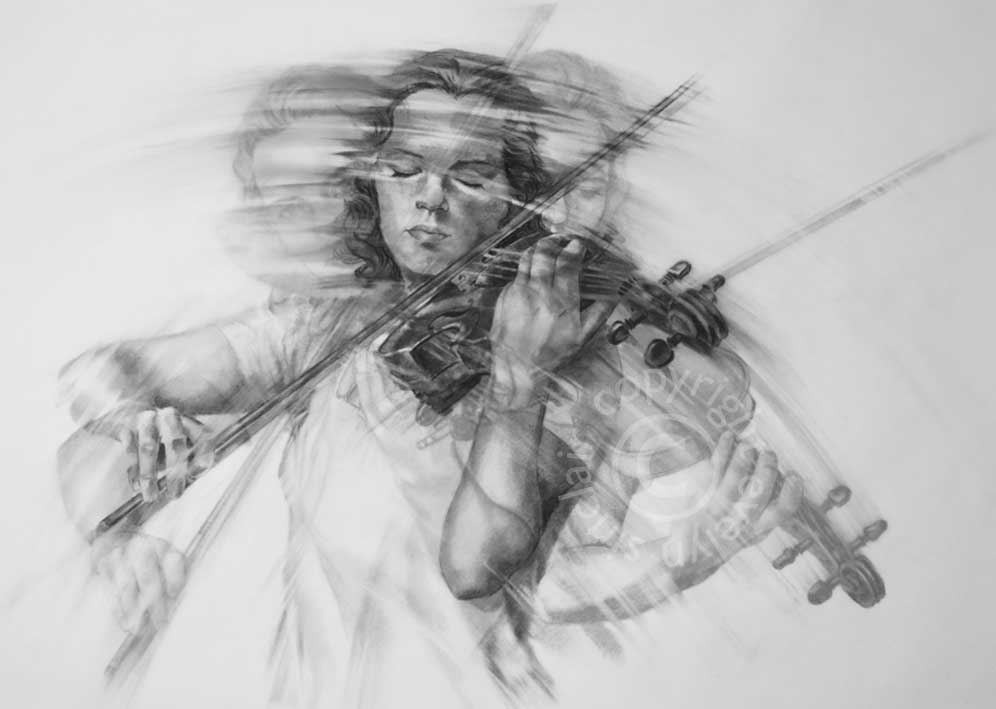A fine art print of a beautiful young woman playing a violin by artist Evelyn Sinclair, based in Kendal, Cumbria  in the Lake District.