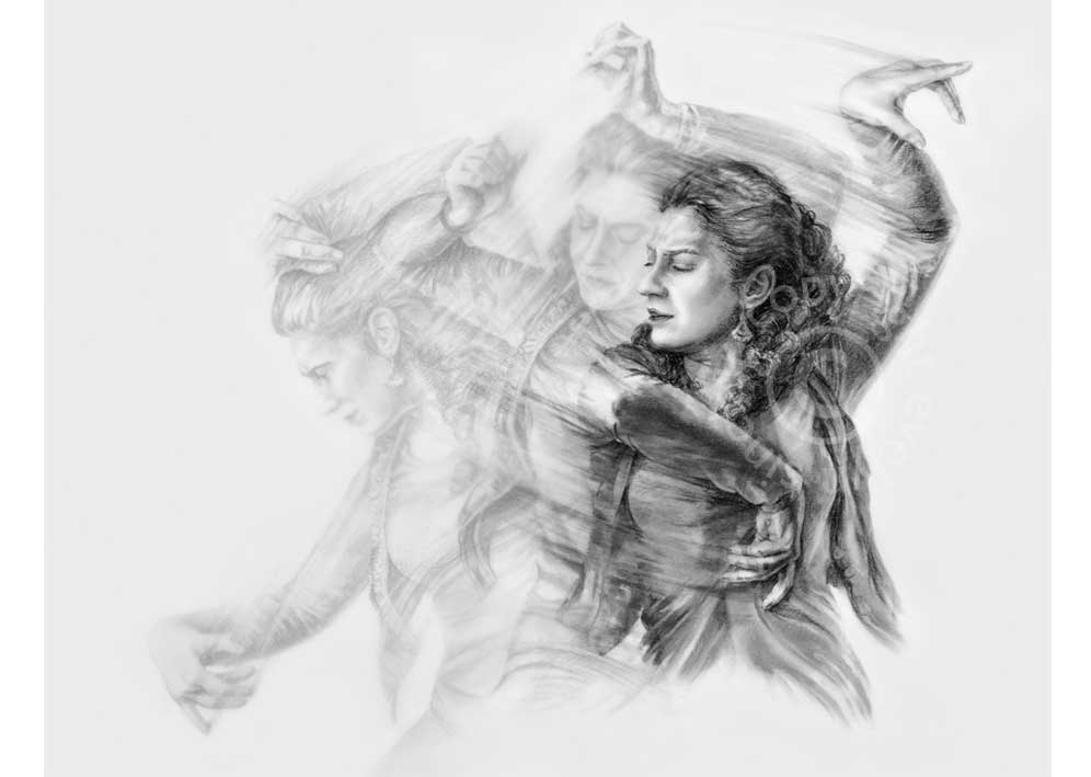 A fine art print of a beautiful young woman flamenco dancing by artist Evelyn Sinclair, based in Kendal, Cumbria in the Lake District.