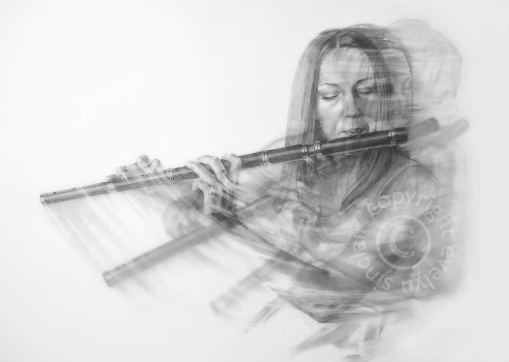 A charcoal drawing of a beautiful young woman playing a flute by artist Evelyn Sinclair, based in Kendal, Cumbria in the Lake District.