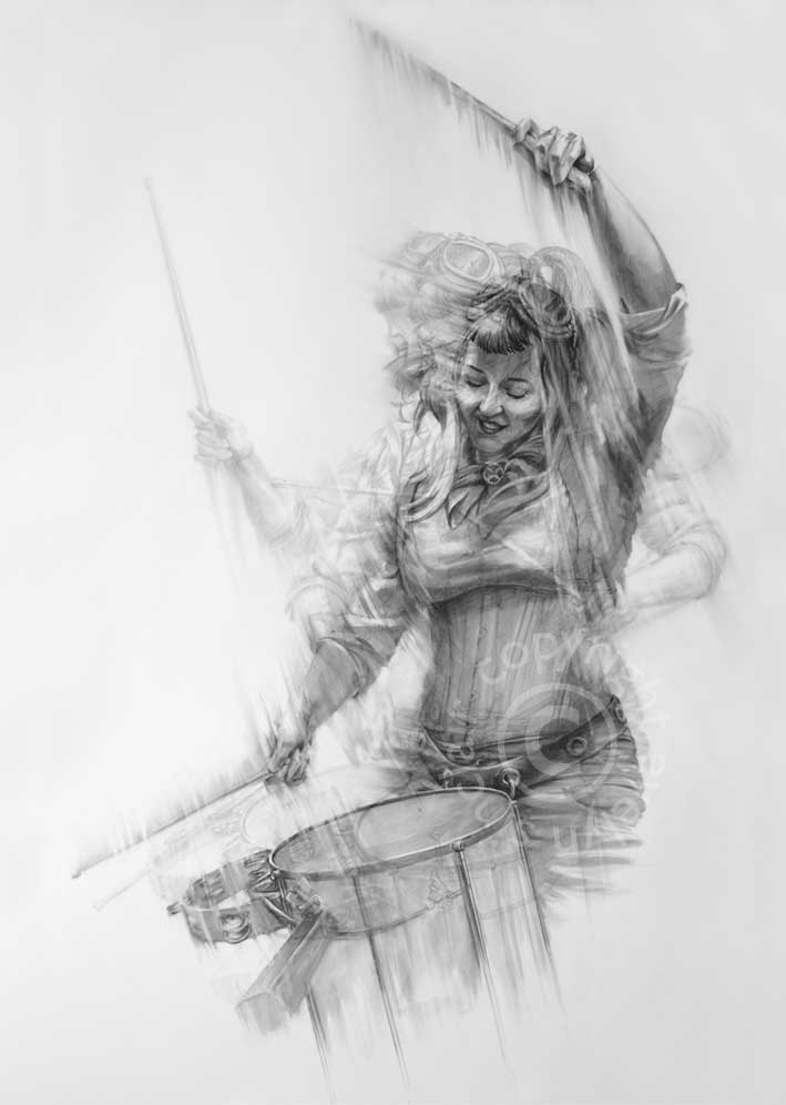 A charcoal drawing of a beautiful young woman playing a drum by artist Evelyn Sinclair, based in Kendal, Cumbria in the Lake District.