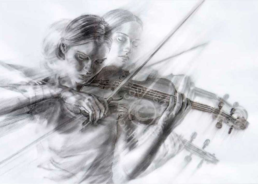 A fine art print of a beautiful young woman playing a violin by artist Evelyn Sinclair, based in Kendal, Cumbria  in the Lake District.