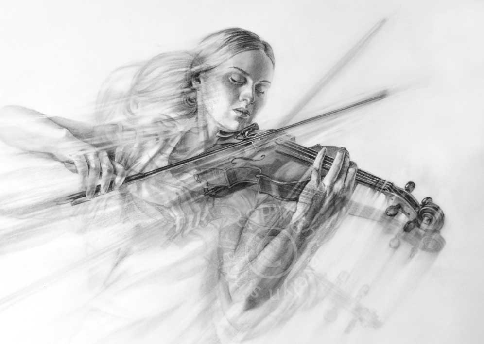 A charcoal drawing of a beautiful young woman playing a violin by artist Evelyn Sinclair, based in Kendal, Cumbria in the Lake District.