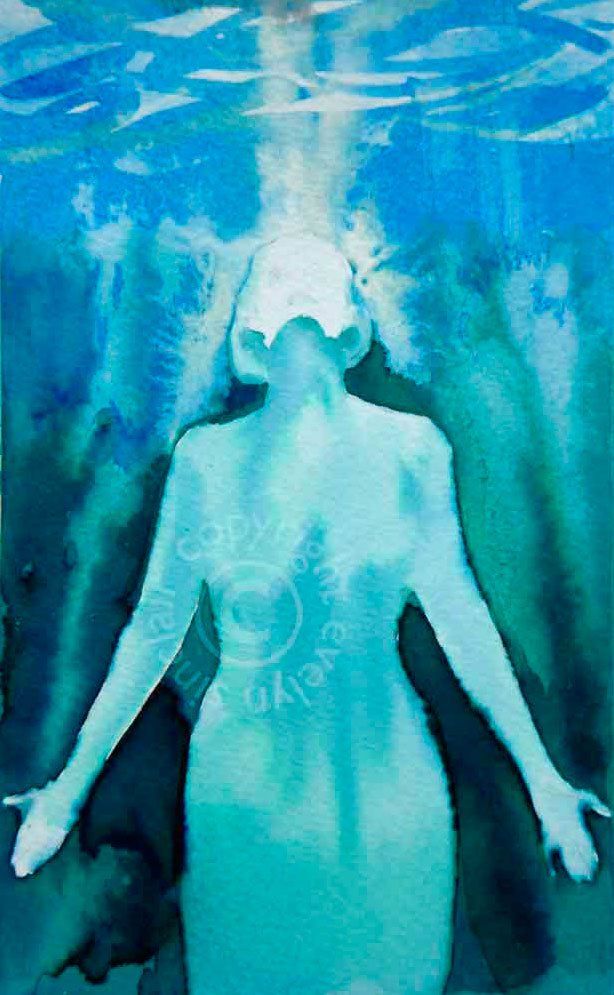 Ink painting of a woman under water by artist Evelyn Sinclair, who is based in Kendal, Cumbria, in the English Lake District.