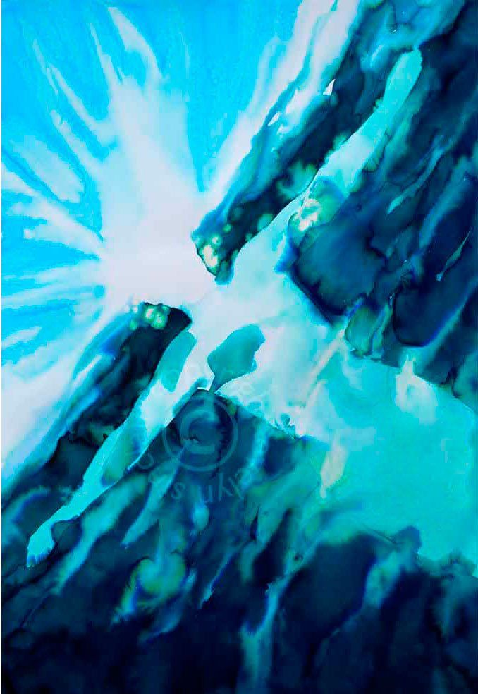 Ink painting of a woman floating in water by artist Evelyn Sinclair, who is based in Kendal, Cumbria, in the English Lake District.