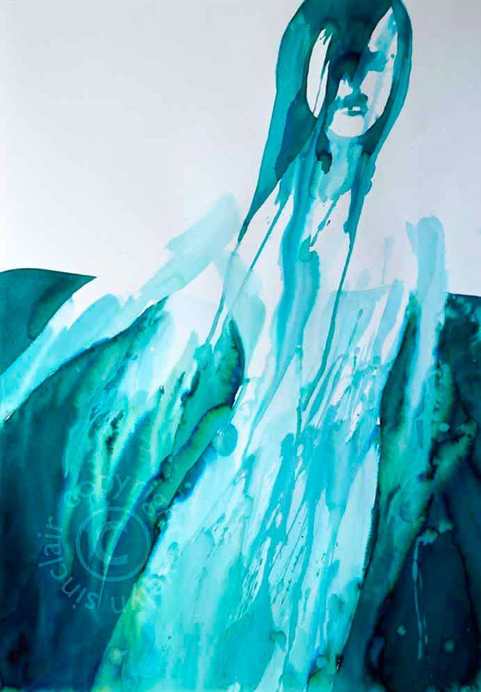 Ink painting of a woman emerging from water by artist Evelyn Sinclair, who is based in Kendal, Cumbria, in the English Lake District.