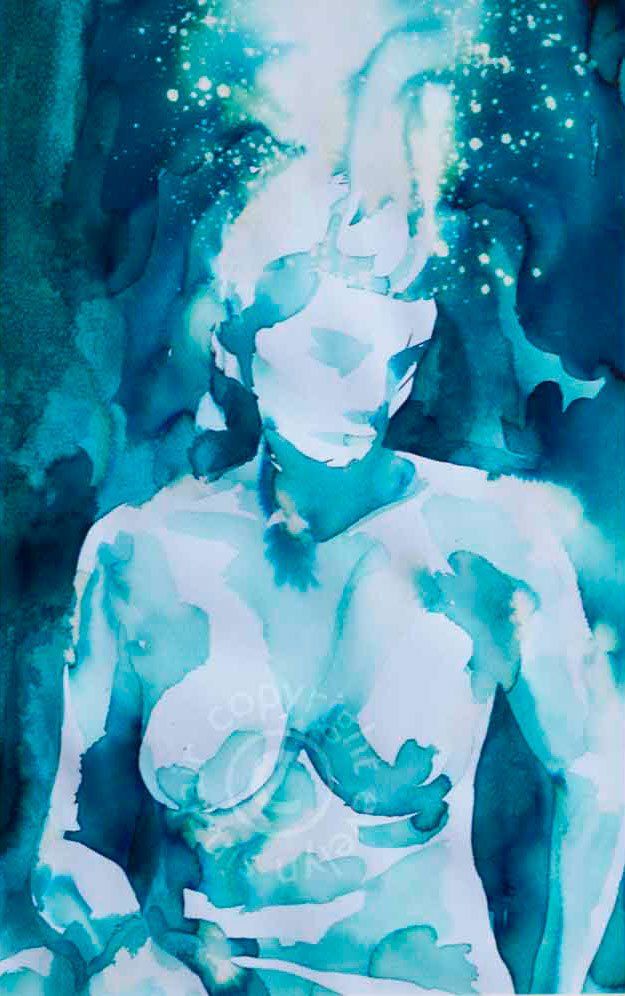 Ink painting of a female nude by artist Evelyn Sinclair, who is based in Kendal, Cumbria, in the English Lake District.