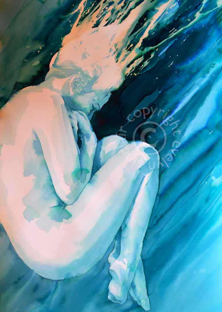 Ink painting of a female nude in water by artist Evelyn Sinclair, who is based in Kendal, Cumbria, in the English Lake District.