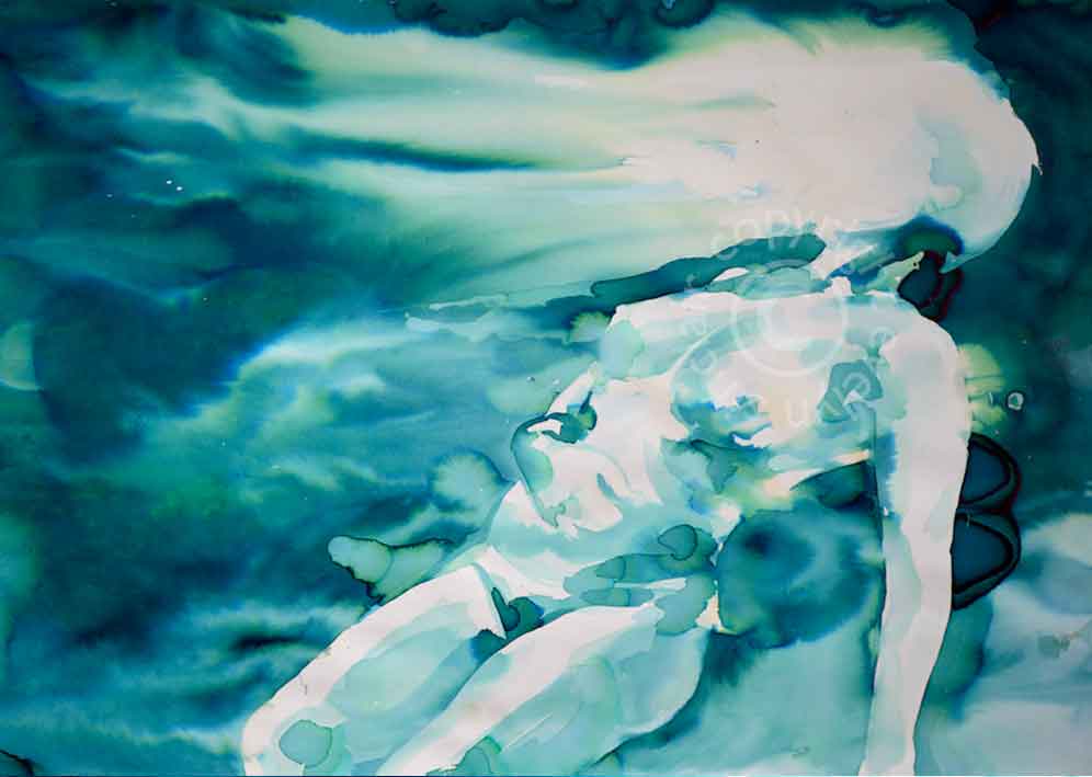 Ink painting of a woman under water by artist Evelyn Sinclair, who is based in Kendal, Cumbria, in the English Lake District.