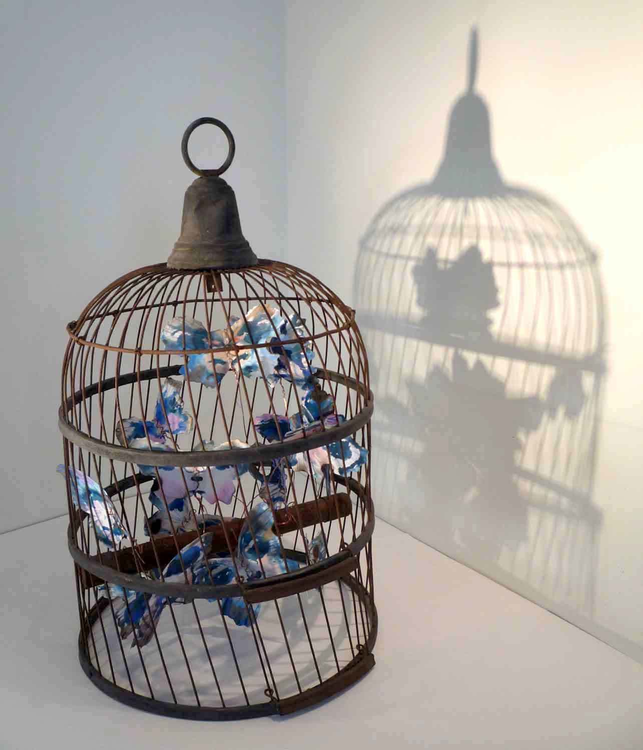 A work in progress photo of the 'Evolution' cage and its resident butterflies.