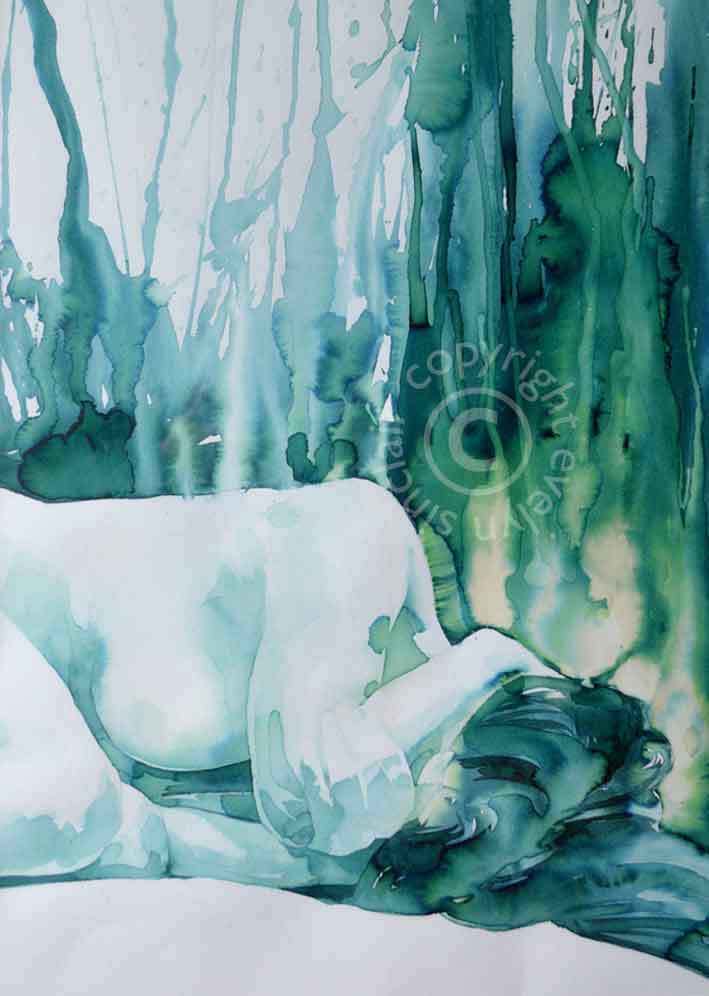 Ink painting of a female nude by artist Evelyn Sinclair, who is based in Kendal, Cumbria, in the English Lake District.