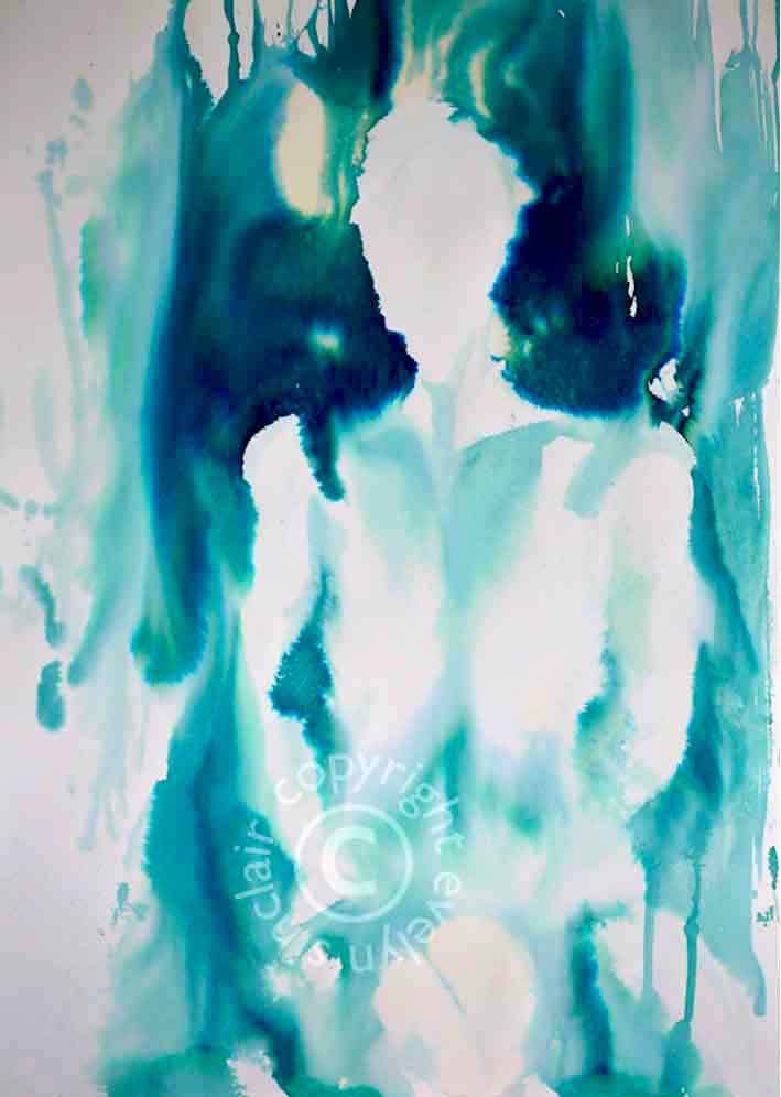 Impressionistic Ink painting of a female nude by artist Evelyn Sinclair, who is based in Kendal, Cumbria, in the English Lake District.