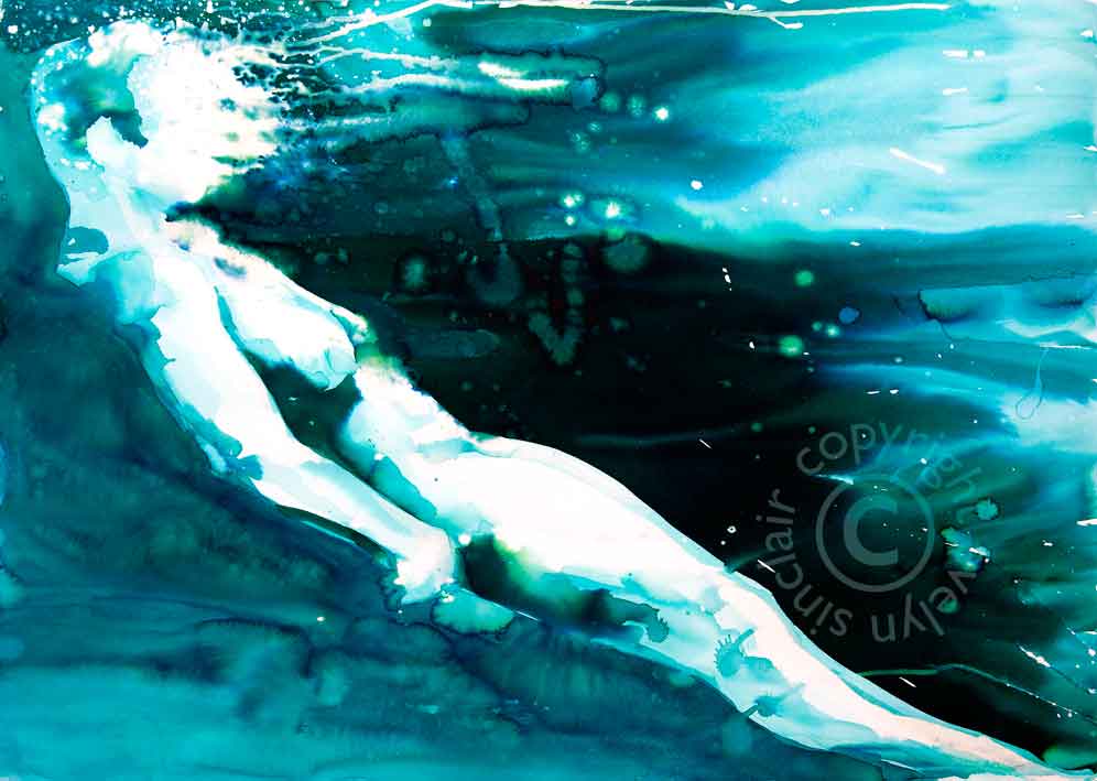 Ink painting of a female nude by artist Evelyn Sinclair, who is based in Kendal, Cumbria, in the English Lake District.