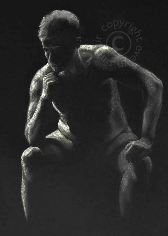 A life drawing in white on black of a male nude by artist Evelyn Sinclair, based in Kendal, Cumbria the Lake District