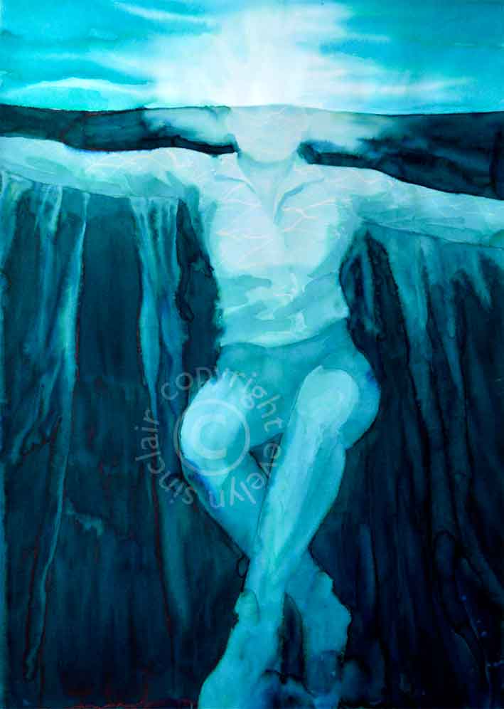 Ink painting of a woman treading water by artist Evelyn Sinclair, who is based in Kendal, Cumbria, in the English Lake District.