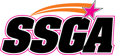 SSGA logo with black text outlined in pink, orange swoosh, and pink star.