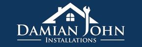 A logo for damian john installations with a house on it