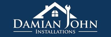 A logo for damian john installations with a house on it