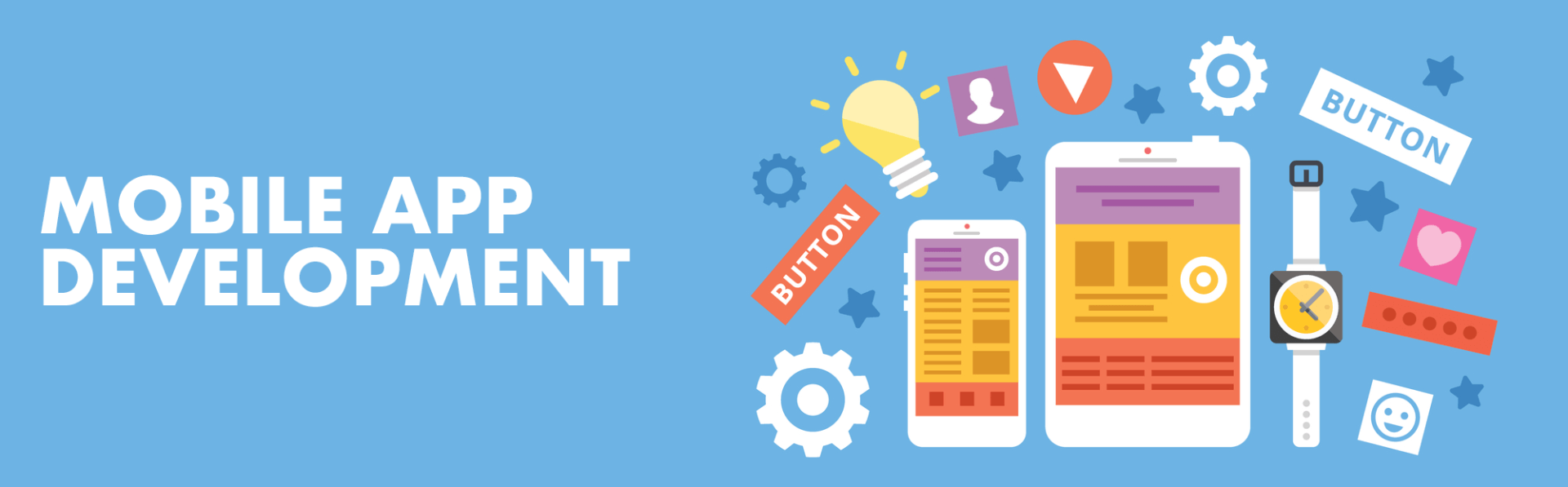 A blue background with a bunch of icons and the words `` mobile app development ''.