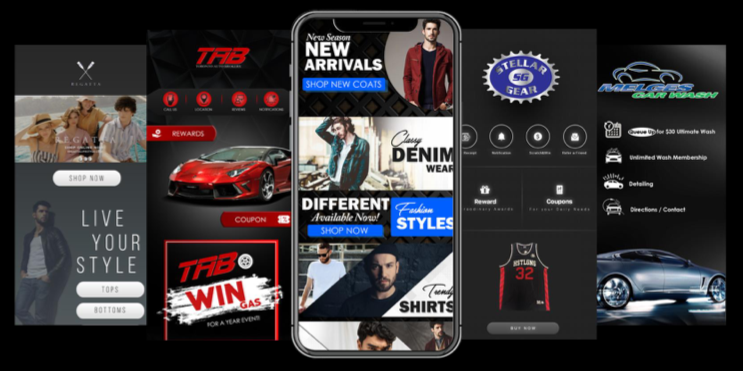 A cell phone is displaying a collage of different advertisements.