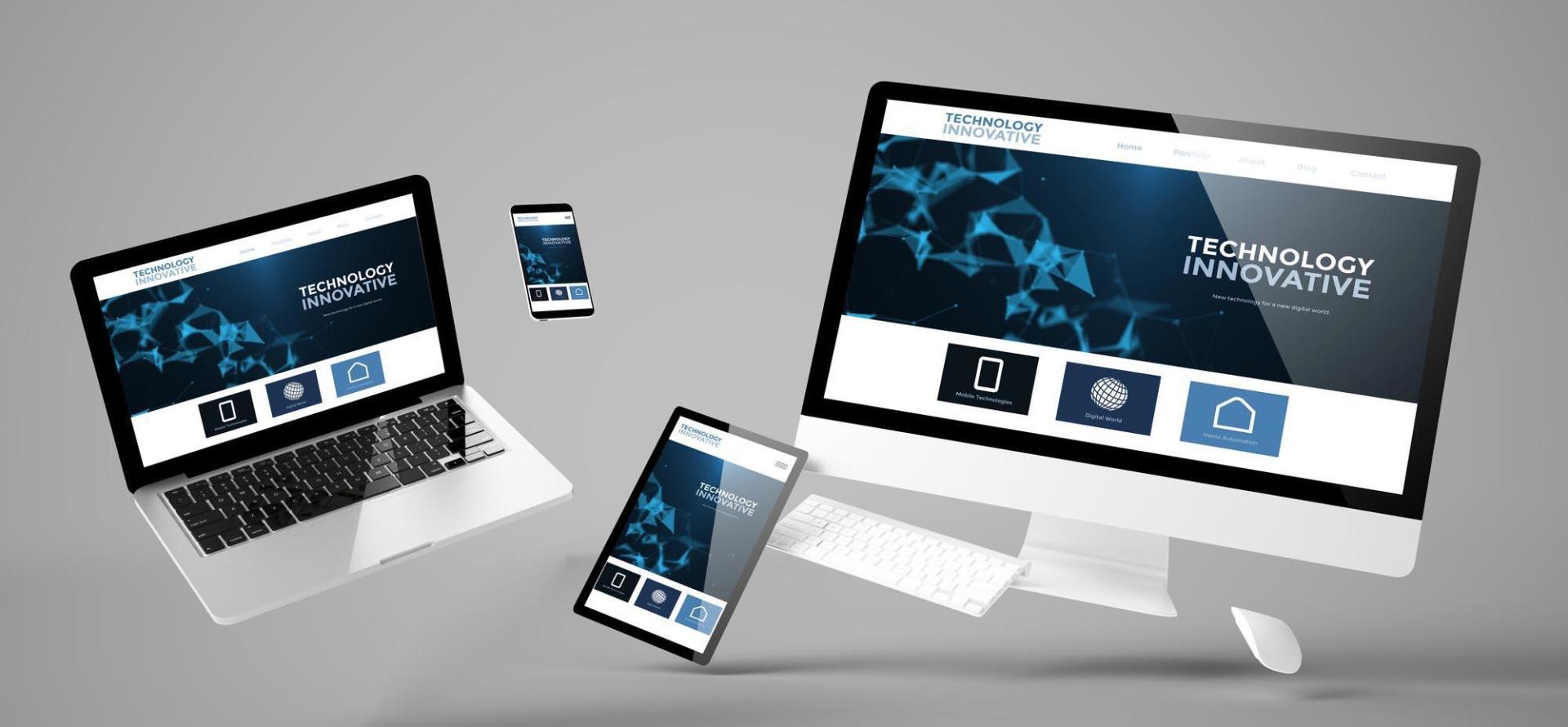 A computer , laptop , cell phone and tablet are floating in the air.