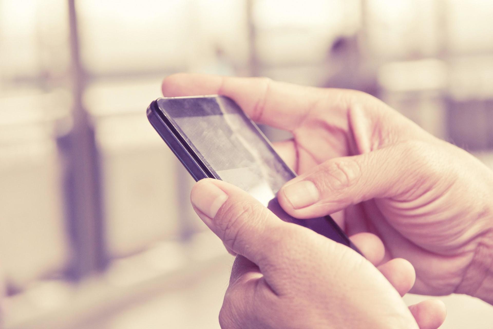 A person is holding a cell phone in their hands.
