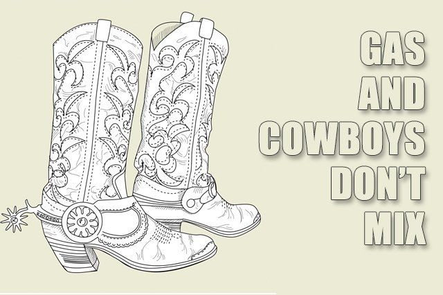 A pair of cowboy boots with the words gas and cowboys do n't mix