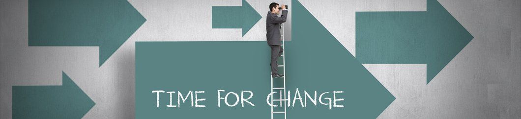 A man is standing on a ladder in front of a sign that says time for change.