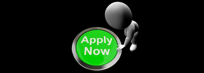 A 3d man is pressing a green apply now button.