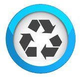 A recycling symbol in a blue circle on a white background.