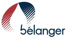 Un logo pour une entreprise appelée belanger avec un cercle rouge, blanc et bleu.