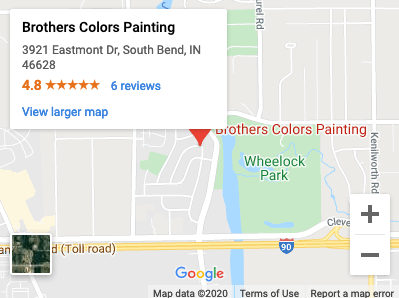 Google Maps view of Brothers Colors Painting in South Bend, Indiana, with a marker at 3921 Eastmont Dr near Wheelock Park.