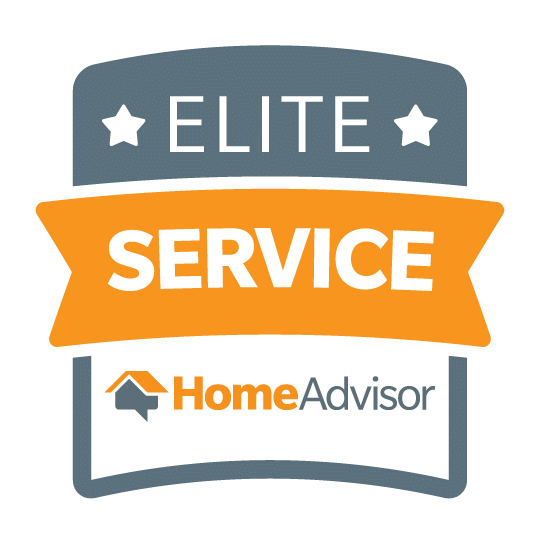 HomeAdvisor Elite Service badge in gray and orange, featuring the text 