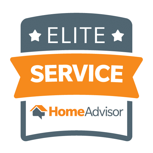 HomeAdvisor Elite Service badge in grey and orange, featuring the company logo and text on a shield-shaped emblem.