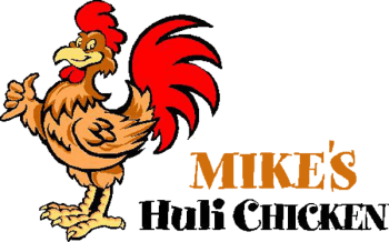 Mike's Huli Chicken logo: Cartoon rooster with thumbs up, red comb and tail, orange feathers. Text 