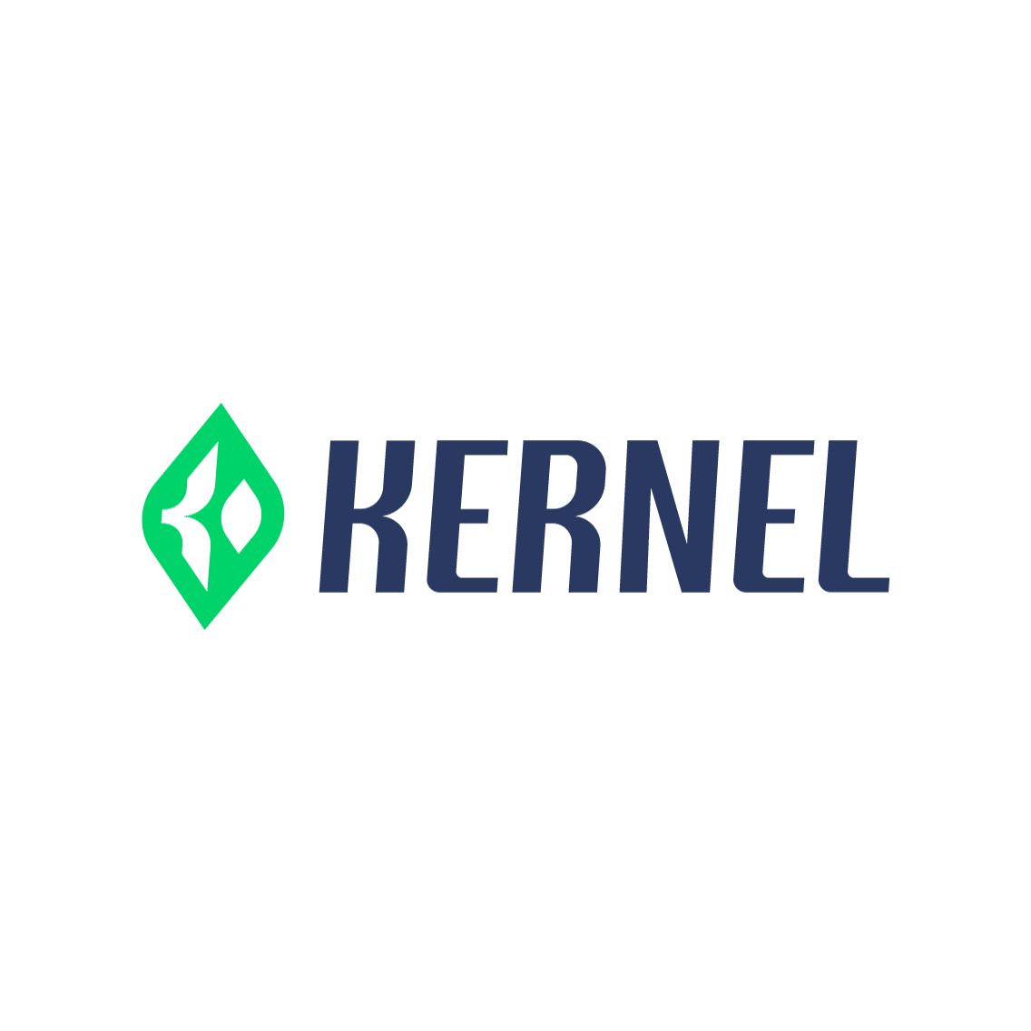 A logo for kernel with a green diamond on a white background.
